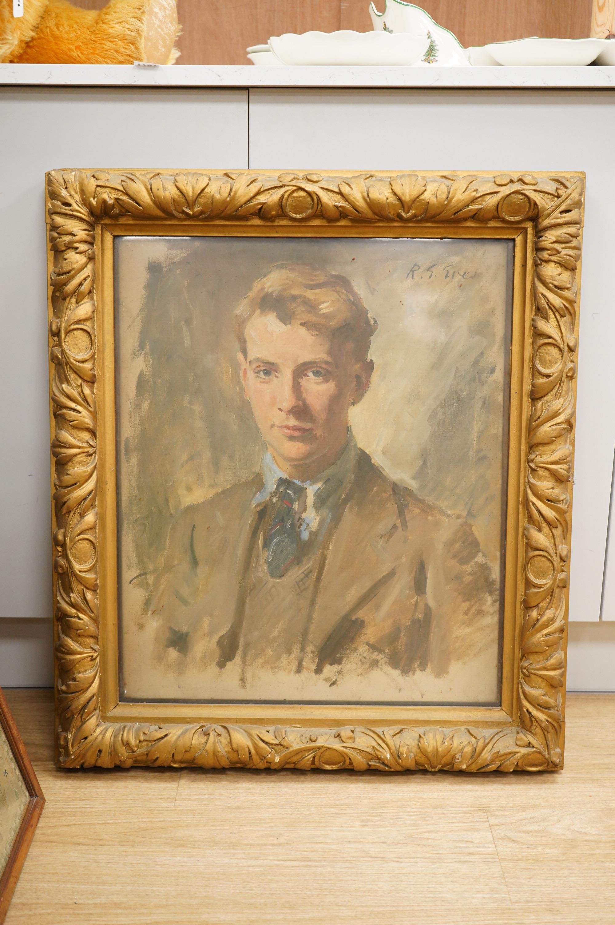 R. G Eves (1876-1941) Half length portrait of a young gentleman, signed upper right James Bourlet & Sons label verso, oil on canvas, 59 x 48cm